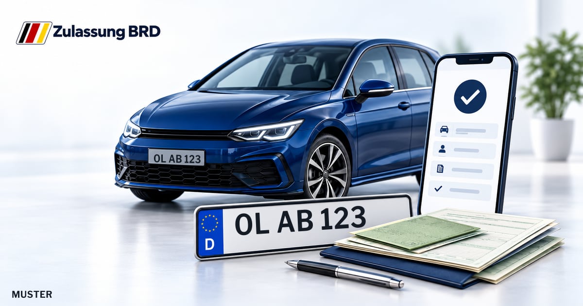 Online Fahrzeugzulassung in Hude (Oldenburg): Musterkennzeichen OL AB 123, Auto und Fahrzeugpapiere und Smartphone. Illustration mit Logo von Zulassung BRD.